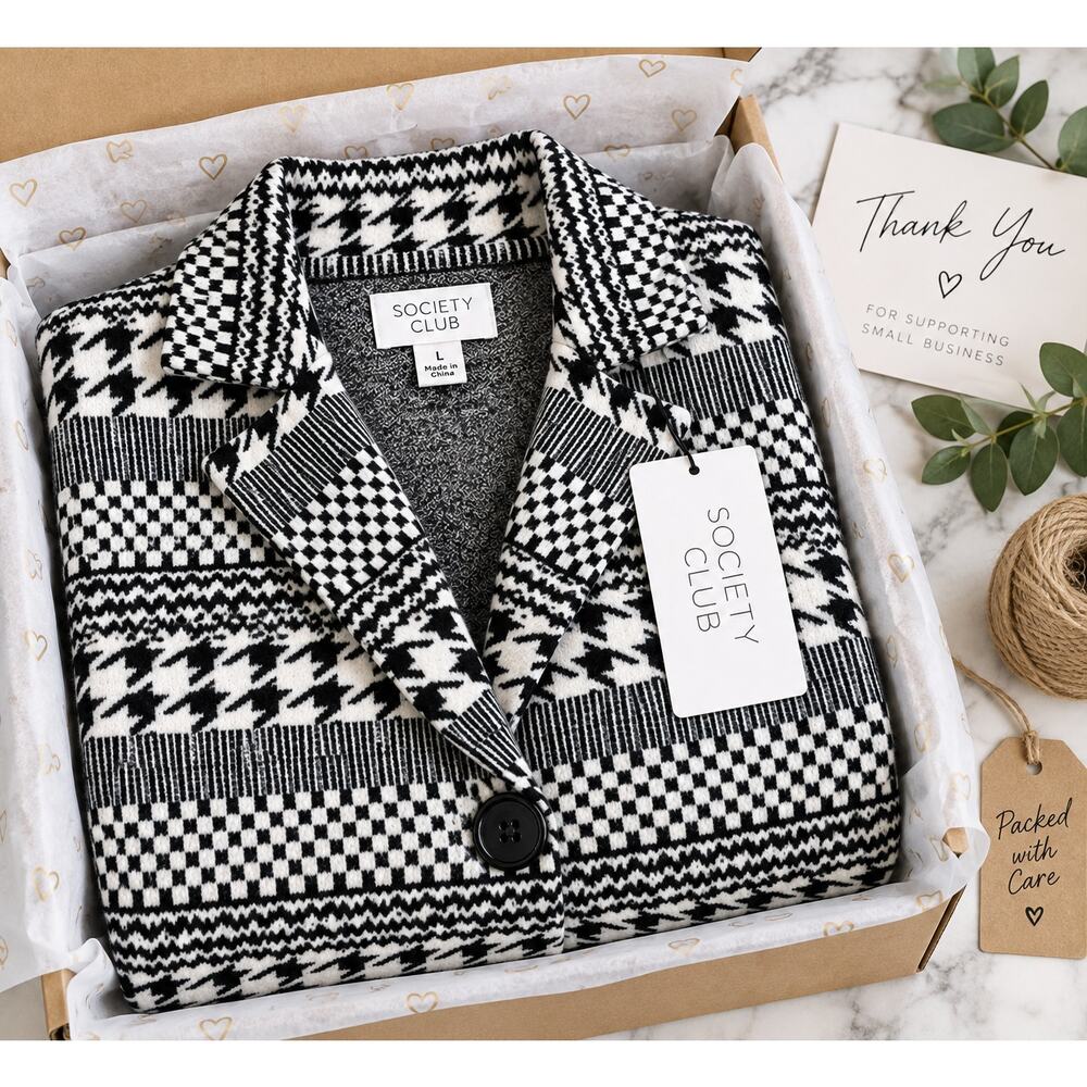 Society Club Houndstooth Coatigan Women L Black White NWT - Picture 8 of 8